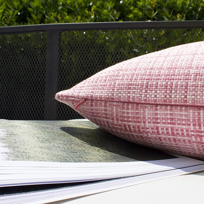 Kevin Textile Outdoor Waterproof 14"x36" Lumbar Pillow Cover 1 Pack, Pink | Water Resistant, Faux Linen Yarn-dyed, Woven Texture Throw Pillow Covers for Tent Patio Garden Couch Sofa