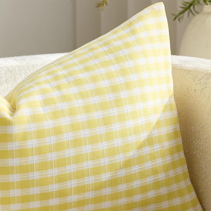 Summer Outdoor Waterproof Throw Pillow Covers 18x18 Set of 2, Yellow and White Plaid Pillow Cases Boho Gingham Farmhouse Cushion Covers for Couch Balcony Patio Garden
