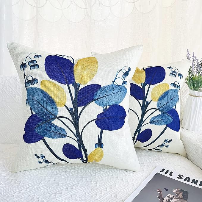 Outdoor Pillow Covers Navy Blue Leaves Waterproof Throw Pillows Case 18x18 inch Set of 4 Garden Patio Furniture for Home Sofa Decorative