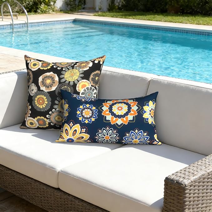 12x20 Inch Lumbae Pillow Covers, Rectangle Waterproof Throw Covers Set of 2, Decorative Patio Furniture Cushion Cases for Porch Garden, Bloom Medallion‌Cobalt