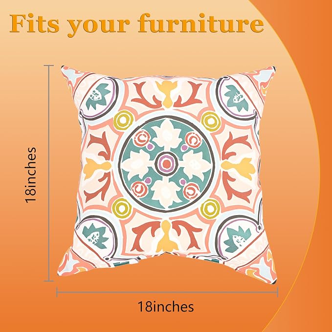 18" Outdoor Throw Pillows Set of 4, Waterproof & Fade Resistant Patio Furniture Pillows with Built-in Inserts, All-in-One Orange Boho Design for Sofa, Patio or Backyard Relaxation