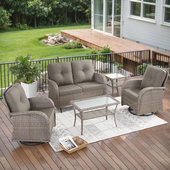 Belord 5 Piece Outdoor Patio Furniture Set with Deep Seating Swivel Rocker Chairs Loveseat and Rattan Coffee Table Outdoor Conversation Sets for Deck Backyard Poolside,Gray Wicker Gray Cushion