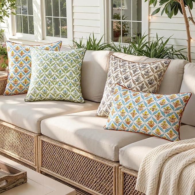 ANRODUO Floral Outdoor Waterproof Pillow Covers Set of 2 Orange 16x16 Inch | Square Block Print Decorative Cushion Cases With Refined Edge Piping for Summer Patio Porch Garden Couch Sofa Bench Decor