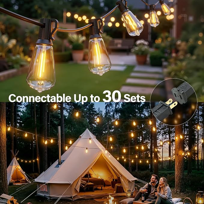 Ollny Outdoor String Lights 40FT, Bright Shatterproof Connectable Outside String Lights with 15 ST38 Vintage Edison Bulbs, 2200K Warm White Waterproof Patio Light for Yard Gazebo Porch Balcony