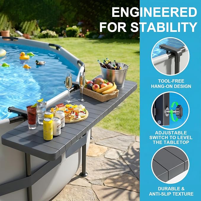 Poolside Bar Table for Above Ground Pool, 49.4x9.6 Outdoor Hanging Swim-Up Table, Holds 110 lbs, Weather-Resistant Easy-Clean, Fits Round/Oval Pools Swimming Pool Accessories, Dark Gray
