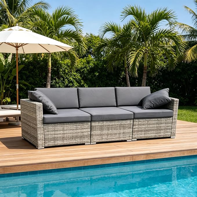 DECMICO 3 Piece Rattan Conversation Bistro Set, Outdoor Wicker Patio Furniture Set, All-Weather PE Rattan Chairs with Cushions for Backyard, Balcony, Garden, Charcoal Grey