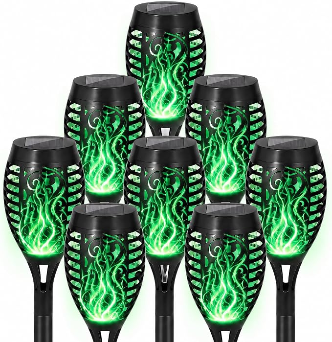 8 Pack Solar Lights Outdoor, Green Flickering Flame Torches | Green Flickering Flame, Long Nighttime Glow, Auto-On at Dusk, IP65 Weather-Resistant, Tool-Free Ground Setup