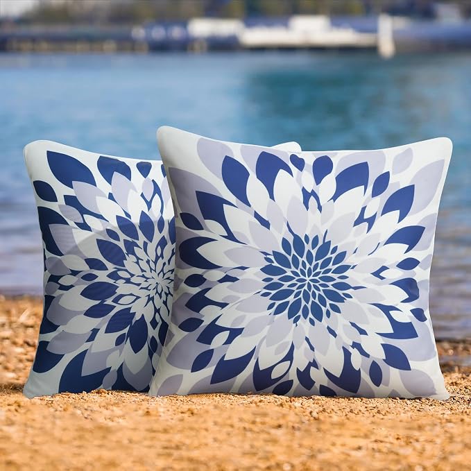 JASEN Outdoor Waterproof Pillow Covers, Blue Floral Pillow Covers, Set of 2 18x18, Double-Sided Decorative Outside Throw Pillows for Patio Furniture Couch Porch Garden