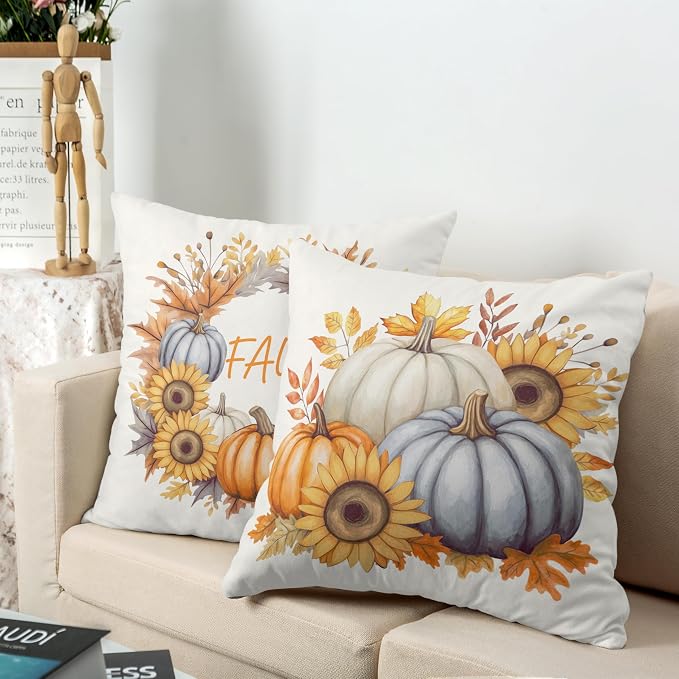 Fall Pillow Covers 22x22 Set of 2 Colorful Pumpkin Sunflower Wreath Throw Pillow Covers Autumn Harvest Pillow Case Thanksgiving Cushion Case for Home Decor Couch Sofa