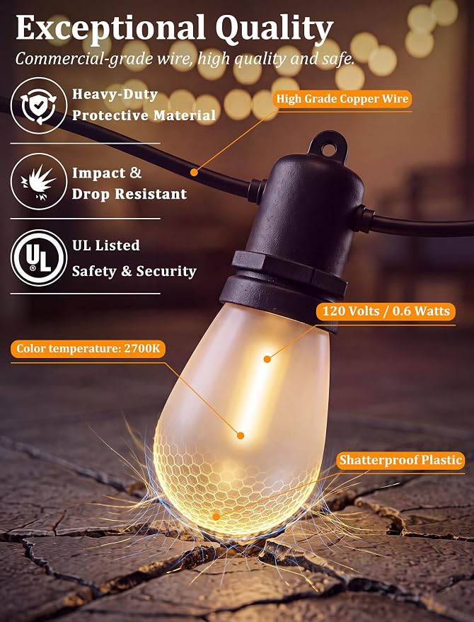 S14 Outdoor String Lights 30FT, 11 Frosted LED Bulbs, Black Wire | Connectable Commercial Grade Patio Lights, UL Listed, IP65 Waterproof, 2700K Shatterproof Bulbs, for Backyard, Porch, Bistro