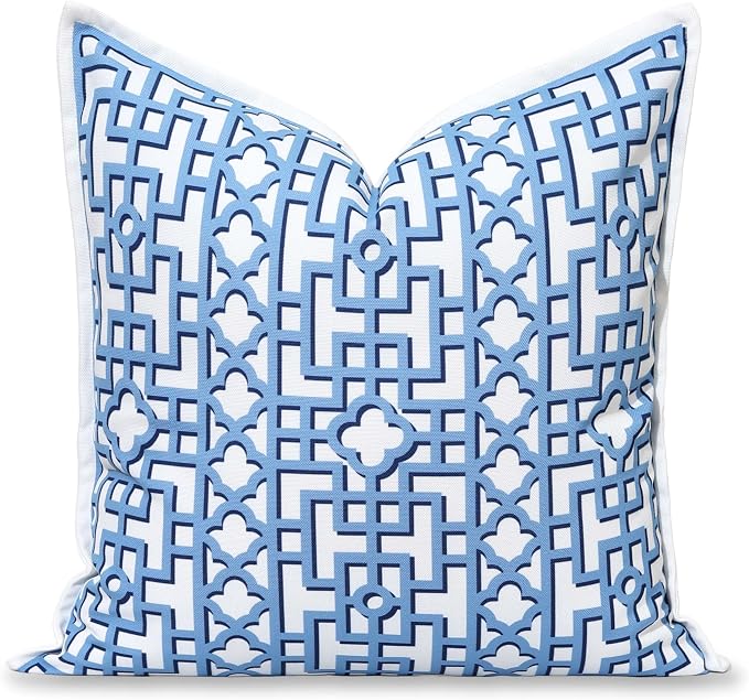 Hofdeco Premium Coastal Hampton Patio Indoor Outdoor Throw Pillow Cover Only, 20"x20" Water Repellent for Backyard, Couch, Poolside, Azure Blue Print Fretwork Trellised Screen