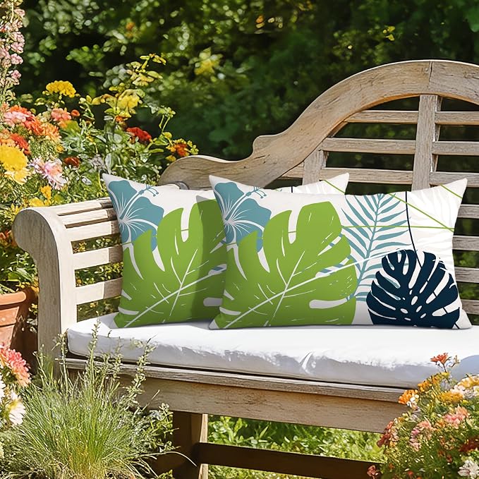 OTOSTAR Outdoor Waterproof Throw Pillow Covers 16x24 Inch Set of 2 Double-Sided Light Green Blue Tropical Leaf and Flower Spring Summer Decorative Pillow Cases for Patio Funiture Garden Balcony Couch