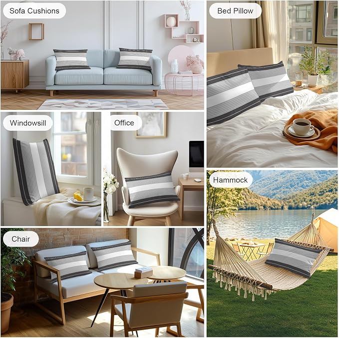 Black Grey Stripe Outdoor Pillow Covers Waterproof, All Weather Cushion Case Set of 2, Modern Art Horizontal Striped Lumbar Pillowcase for Sofa Couch Bed Decor Patio Furniture 20"x12"