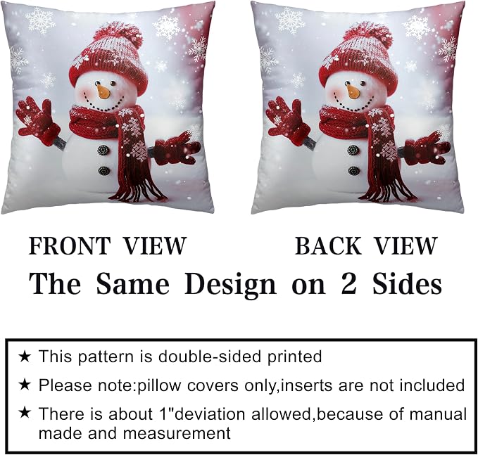 Christmas Winter Holiday Throw Pillow Covers Snowman Pillow Covers 18X18 Set of 2 Red Snowman with Snowflake Cushion Case for Couch Living Room Bedroom Sofa