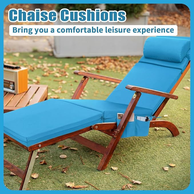 RattanView 2 Pcs Outdoor Chaise Lounge Cushion with Pillow and Side Pockets Waterproof Lounge Chair Cushions for Outdoor Furniture Patio Lounger Pad for Outside Pool Lawn (Lake Blue,80 x 26 x 4)