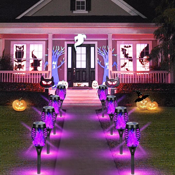Purple Halloween Solar Lights Outdoor with Flickering Flame, 10 Pack | Halloween Decorations Solar Torch Lights, Waterproof Solar Halloween Lights Tiki Torches for Outside Patio Pathway Yard Decor