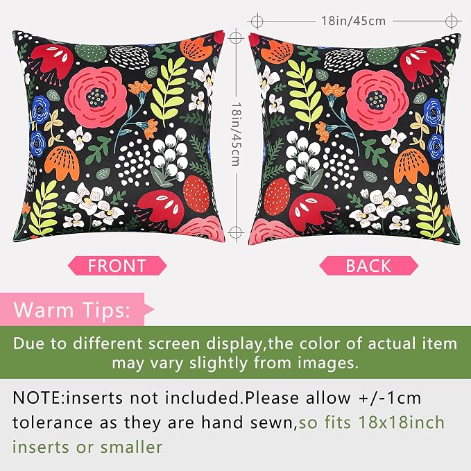 Pyonic Waterproof Outdoor Pillow Covers 18x18 Set of 2, Colorful Floral Decorative Cushion Covers for Patio Furniture, Garden, Balcony,Sunbrella，Boho Nordic Outdoor Indoor Home Decor，Black