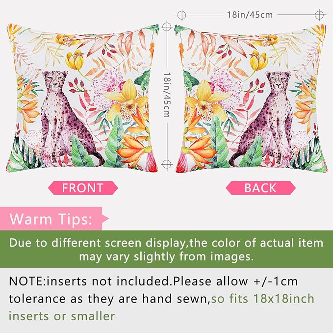 cygnus Summer Waterproof Outdoor Pillow Covers 18x18 Inch Tropical Jungle Floral Leaf Leopard Decorative Outdoor Pillows for Couch Patio Furniture Garden，Pack of 2