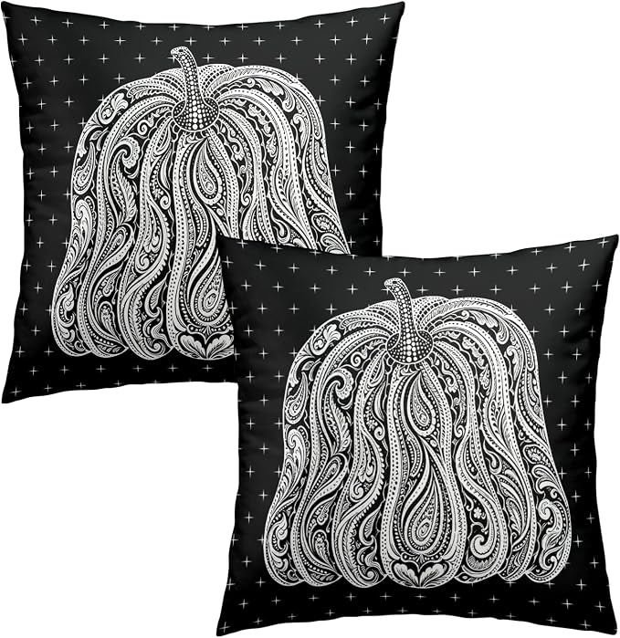 Black Pumpkin Pillow Covers Autumn Thanksgiving Throw Pillow Covers 20x20 Set of 2 Abstract Fall Pillow Cases Paisley Flower Cushion Cases for Home Farmhouse Sofa Couch