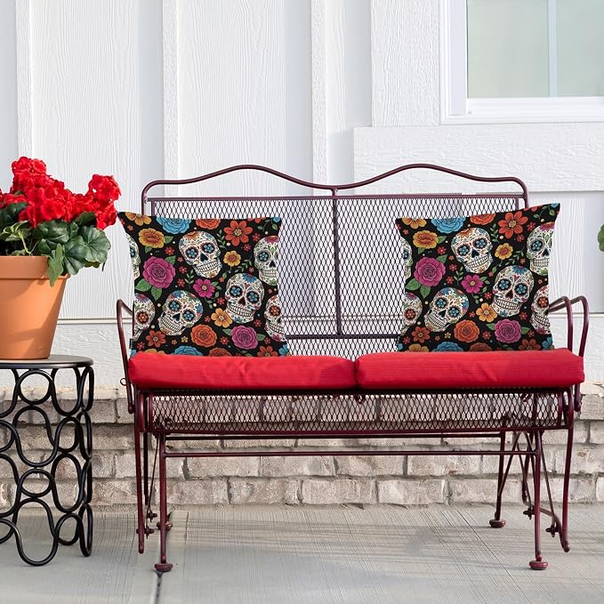 Swono Day of The Dead Throw Pillow Covers, Mexican Sugar Skulls Flowers Skeleton Set of 2 Pillow Cases Decorative 18 X 18 Inches Soft Cushion Cover Pillowcases for Bedroom Living Room Cushion Sofa
