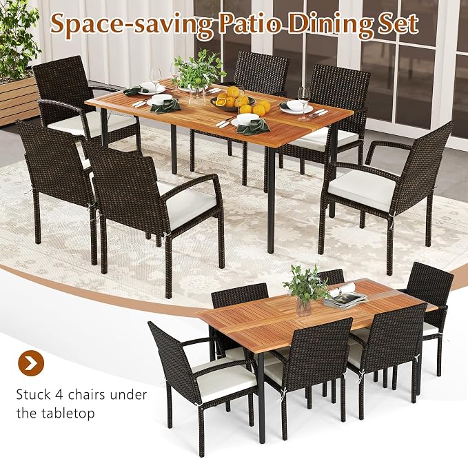 HAPPYGRILL 7-Piece Patio Dining Set Outdoor Rattan Wicker Furniture Set with Umbrella Hole, Steel Frame, Acacia Wood Tabletop & Removable Cushions, for Backyard, Porch, Garden