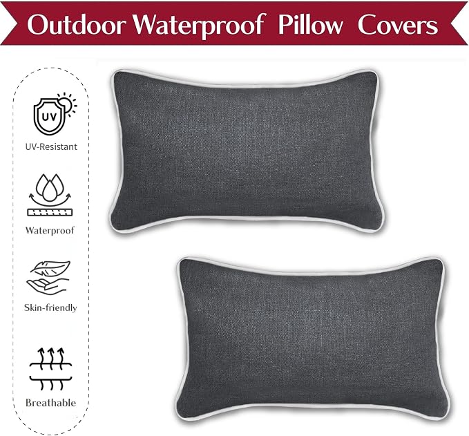 HER HWA Outdoor Lumbar Pillow Covers 20"x12" Set of 2, Carbon Gray | durable fade-resistant water-resistant 100% polyester white piping smooth zipper machine washable for indoor outdoor décor