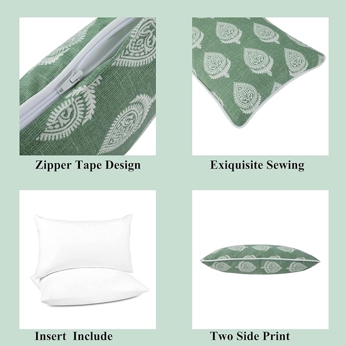 FUNHOME Outdoor Lumbar Pillow with Insert 12x20 Inch Pack of 2-Fair Green | Outdoor Pillows for Patio Furniture, Water-Repellent, Decorative Garden Pillows for Home Patio Coach Sofa Use