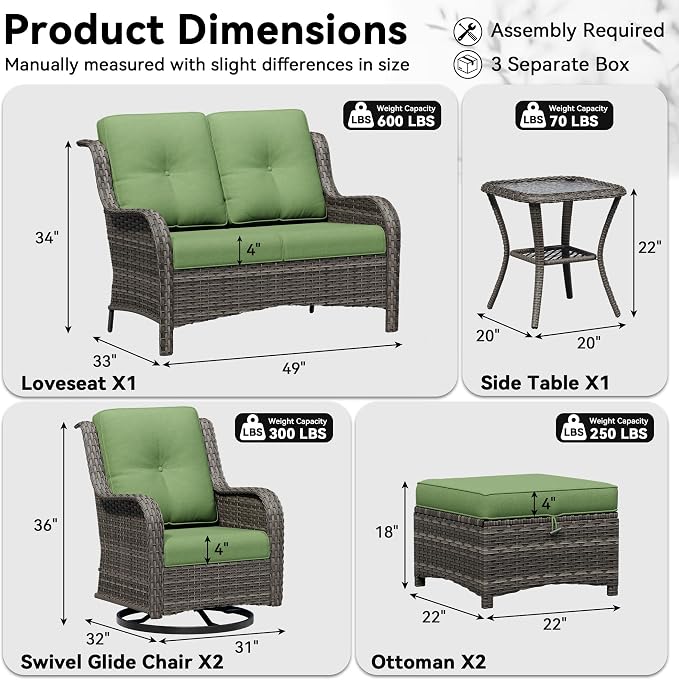 6 Piece Outdoor Wicker Patio Furniture Set, Outdoor Swivel Rocker Patio Chairs Set with Thickened Olefin Cushions, High Back and Deep Seating, Hand-Woven PE Rattan for Porch, Deck