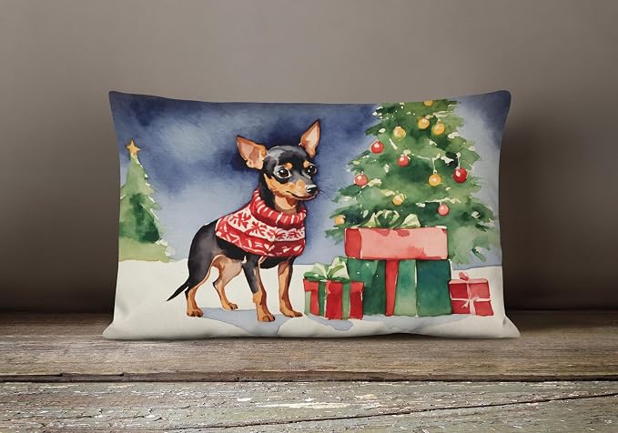 Caroline's Treasures DAC2706PW1216 Miniature Pinscher Cozy Christmas Throw Pillow Machine Washable, Indoor Outdoor Decorative Pillow for Couch, Bed or Patio, 12HX16W