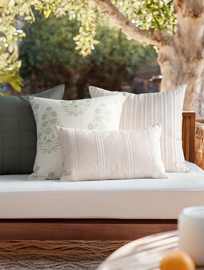 Modern Farmhouse Fall Linen Indoor Outdoor Throw Pillow Cover Only, 20"x20" Water Repellent for Patio, Backyard, Couch, Light Green Neutral Floral