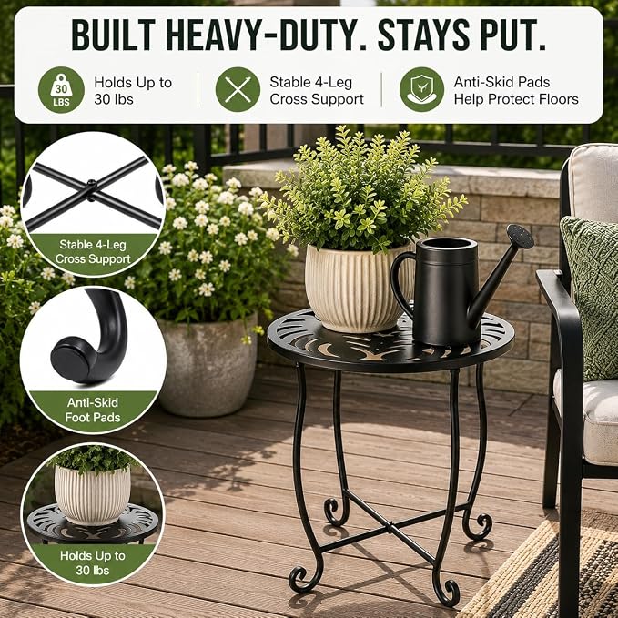Outdoor Side Table 15 Inch Tall, Tool-Free Metal Patio End Table with Monstera Design, Space Saving Round Stand for Porch Balcony Garden (Monstera)