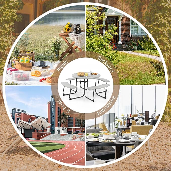 Round Picnic Table for 8 Person, Outside Table Bench Set w/ 4 Built-in Benches, Umbrella Hole, HDPE Top & Metal Frame, 2000LBS Capacity Outdoor Picnic Table for Garden, Porch, Patio (Grey)