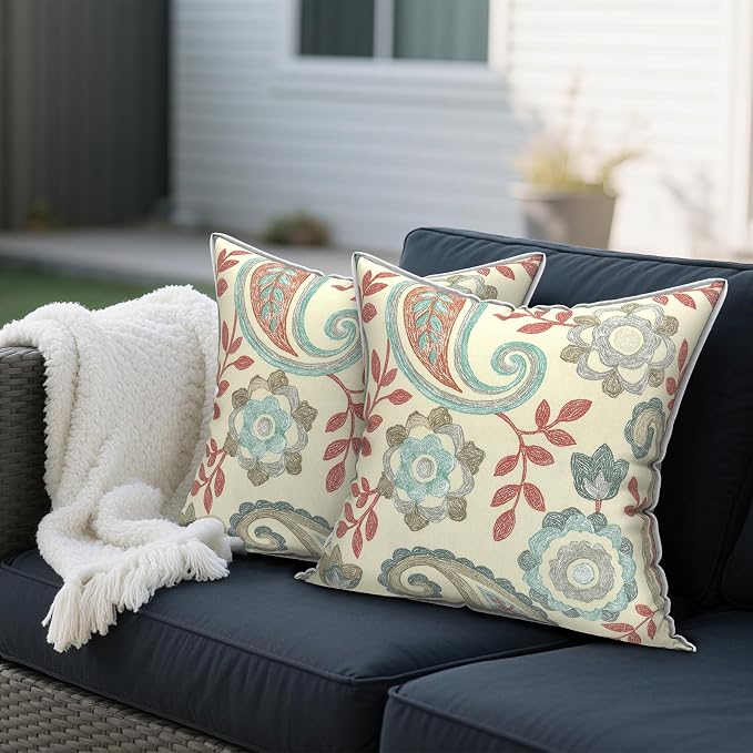 Outdoor Throw Pillows Inners, Fade Resistant Patio Furniture Square Pillows with Piping Set of 2 for Patio Furniture, 18x18 Inch, Paisley Vintage
