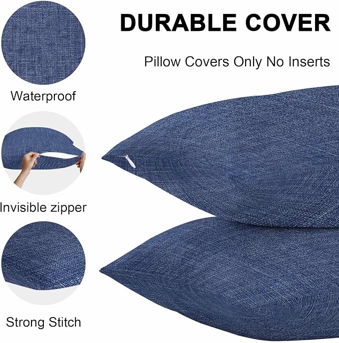 Vandarllin Outdoor Throw Pillows Covers 18x18 inch Set of 2 Waterproof Navy Blue Linen Decorative Zippered Cushion Covers for Patio Furniture, Farmhouse Pure Color Lumbar Pillowcases