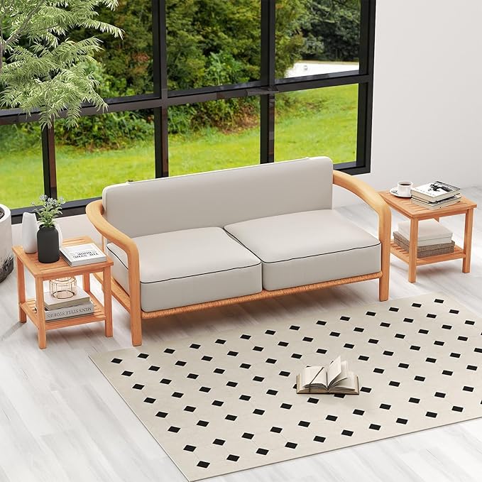 HAPPYGRILL Acacia Wood Outdoor Side Table, 2-Tier Indoor End Table with Spacious Tabletop and Slatted Storage Rack, Square Wood Table for Poolside, Living Room, Porch, Balcony and Garden (2)