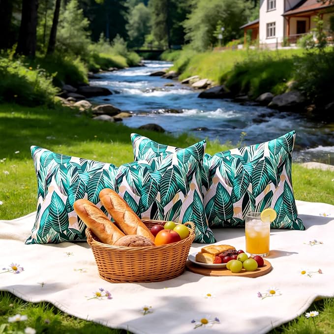 Decorative Waterproof Lumbar Pillow Covers Green Tropical Leaf Outdoor Throw Pillow Covers Summer Accent Couch Covers Garden Cushion Cases 12x20 Set of 2 for Patio Tent Bench Balcony Furniture Sofa
