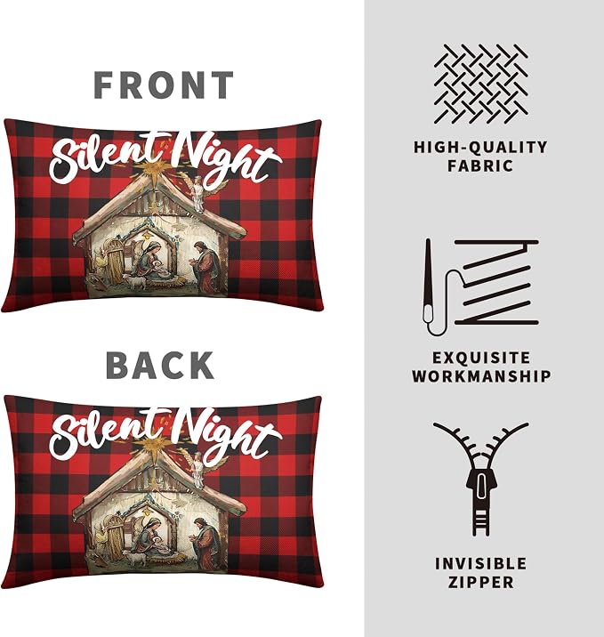 Jesus Nativity Lumbar Pillow Case 12x20 Set of 2 Red Buffalo Plaid Christmas Rectangle Pillow Covers Xmas O Holy Night Silent Night Waist Pillow Covers for Living Room Couch Bedroom