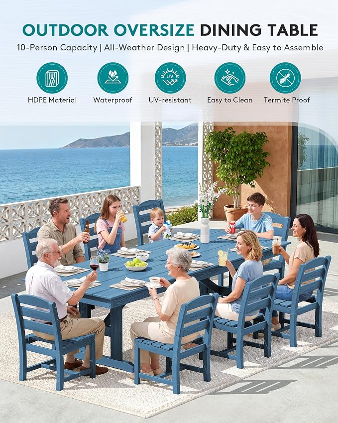 SERWALL Outdoor Armless Dining Chairs Set of 2, All-Weather HDPE Patio Chair with 19.7" Widened Seat, for Backyard, Garden, Blue
