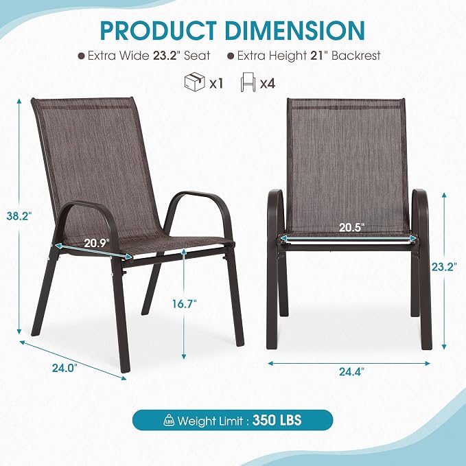 24.4" Wide Outdoor Stackable Chairs Set of 4, Stacking Patio Chairs with Textilene Fabric, Outside Furniture for Garden Backyard Balconie Poolside Deck, Brown