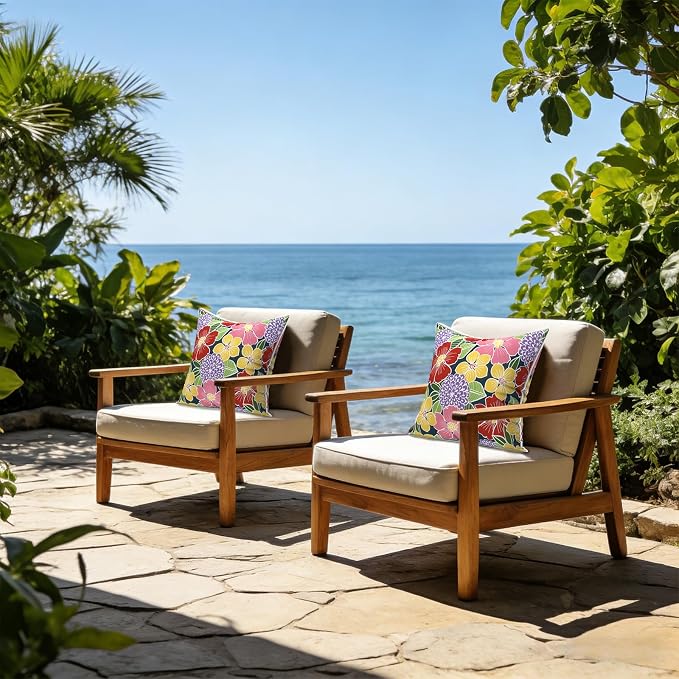 LVTXIII Outdoor Throw Pillows 16x16 Patio Waterproof Square Pillows with Piping Fade Resistant Accent Pillow for Spring Summer Garden Decoration, Set of 2, Flower Bloom