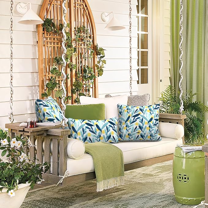 LVTXIII Outdoor/Indoor Lumbar Pillows, Decorative Patio Lumbar Cushions, Fluffy Water Repellent Garden Cushions for Home Patio Coach Sofa Use, 12×20 Inch, Pack of 2, Leaves Multi