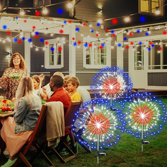 Tujoe 8 Pcs 4th of July Solar Firework Stake Lights 180 LED 8 Modes Solar Waterproof LED Sparkler Lights Outdoor Patriotic Decor for USA Anniversary Garden Patio Yard Pathway (Red White Blue)