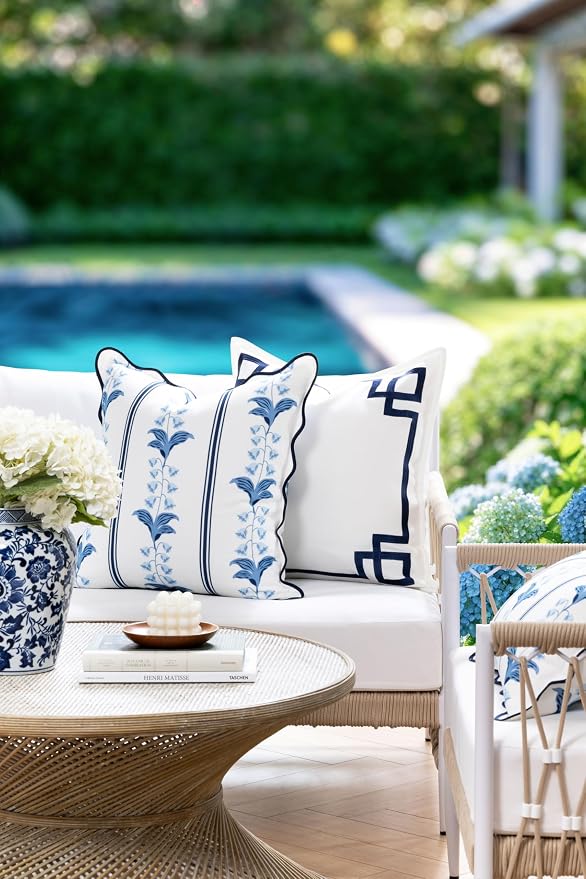 Hofdeco Premium Coastal Hampton Patio Indoor Outdoor Throw Pillow Cover Only, 20"x20" Water Repellent for Backyard, Couch, Poolside, Azure Navy Blue Print Watercolor Striped Lily of the Valley