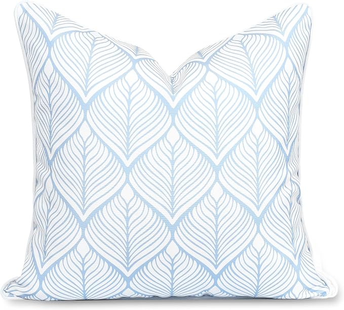 Hofdeco Premium Coastal Patio Indoor Outdoor Throw Pillow Cover Only, 20"x20" Water Repellent for Backyard, Couch, Baby Blue Print Geometric Leafs