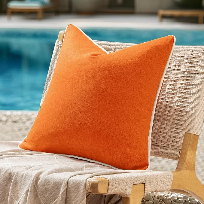 ANRODUO Set of 2 Outdoor Waterproof Pillow Covers 18x18 Inch Orange Decorative Throw Pillow Covers Linen Square Solid Color Couch Pillow Covers for Patio Tent Bed Sofa and Living Room Summer Decor