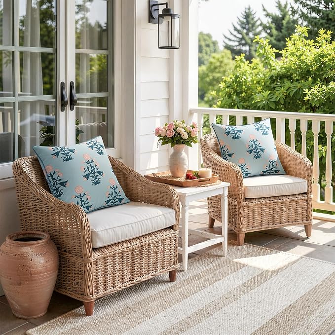 MIULEE Floral Outdoor Pillows Covers with Inserts 18x18 Blue Pink | Set of 2 Waterproof Decorative Throw Pillows with Piping,Vintage Fade Resistant, Patio Furniture Summer Garden Couch Sofa