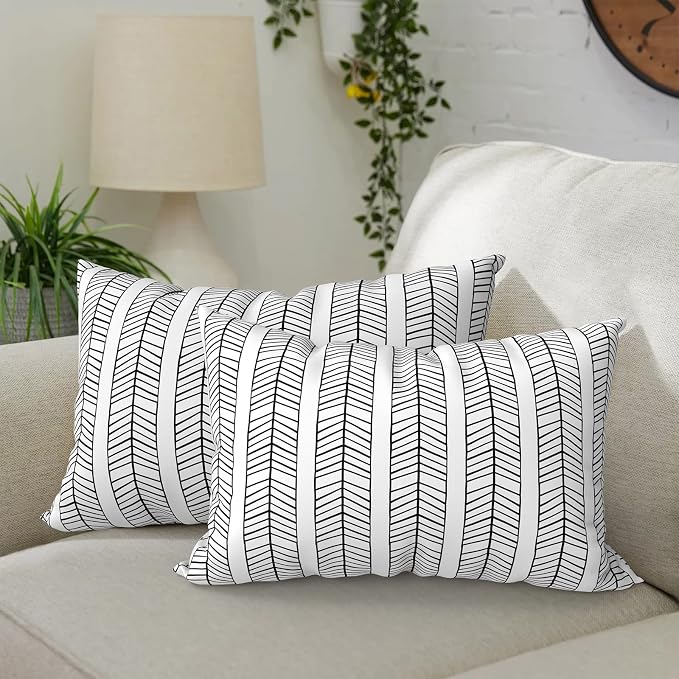 DYTXIII Pack of 2 Outdoor Waterproof Lumbar Pillow Covers ONLY, 12x20 Rectangle Decorative Double Printed Pillow Cases for Patio Couch Porch Furniture - Herringbone Black White