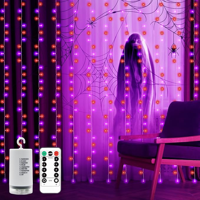 echosari Halloween Curtain Lights Battery Operated 300 LED Purple Orange | 9.8Ft x 9.8Ft Hanging Lights with Remote Timer for Party Garden Yard Decor