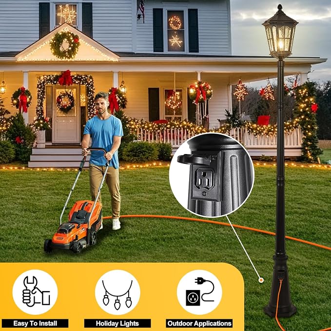 Dusk to Dawn Outdoor Post Lights with Outlet, Waterproof Outside Pole Light with Water Ripple Glass, Exterior Vintage Black Street Lamp Fixtures for Garden, Pathway, Yard