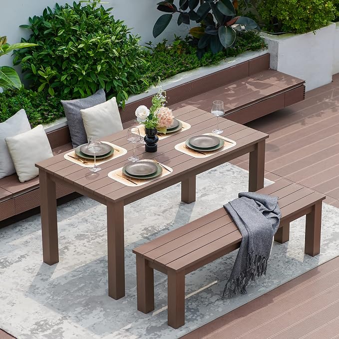 Outdoor Dining Table & Bench Set for 6, 59" Rectangle Poly Lumber Table + 2 Three-Person Backless Benches, Weatherproof HDPE Patio Furniture Set, Anti-Fade, for Garden, Backyard, Porch & Park